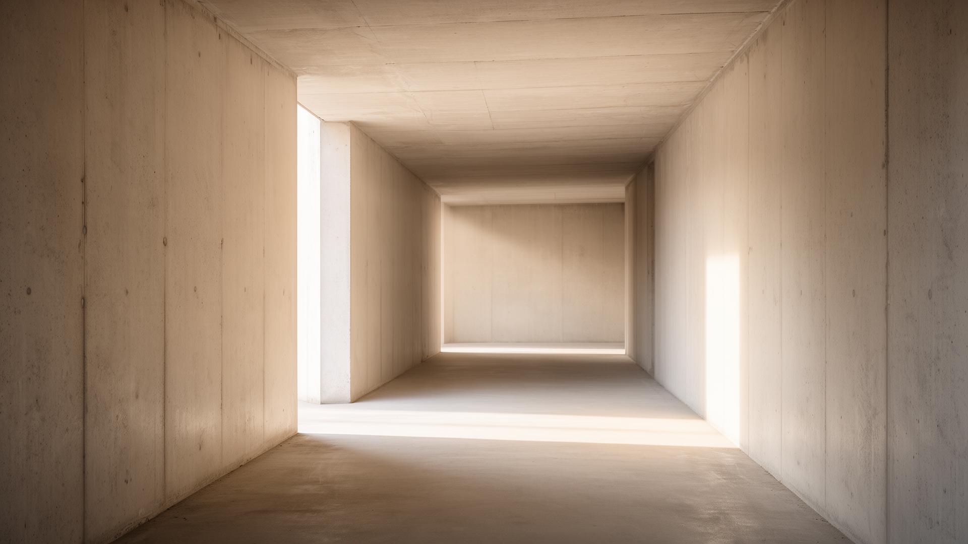 Empty sunlit concrete corridor